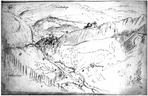 Schloss und Städtchen Waldenburg nach einer Skizze von G.F.Meyer (Staatsarchiv Baselland)