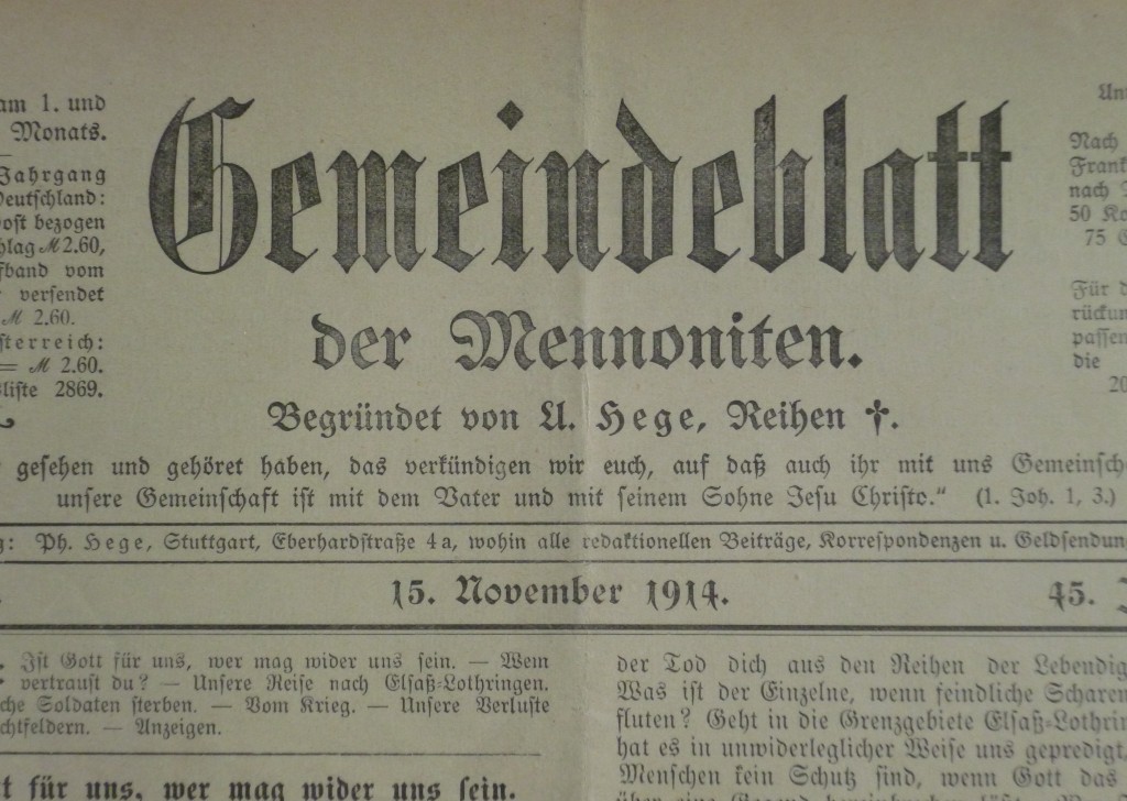 Gemeindeblatt der Mennoniten Titelblatt November 1914