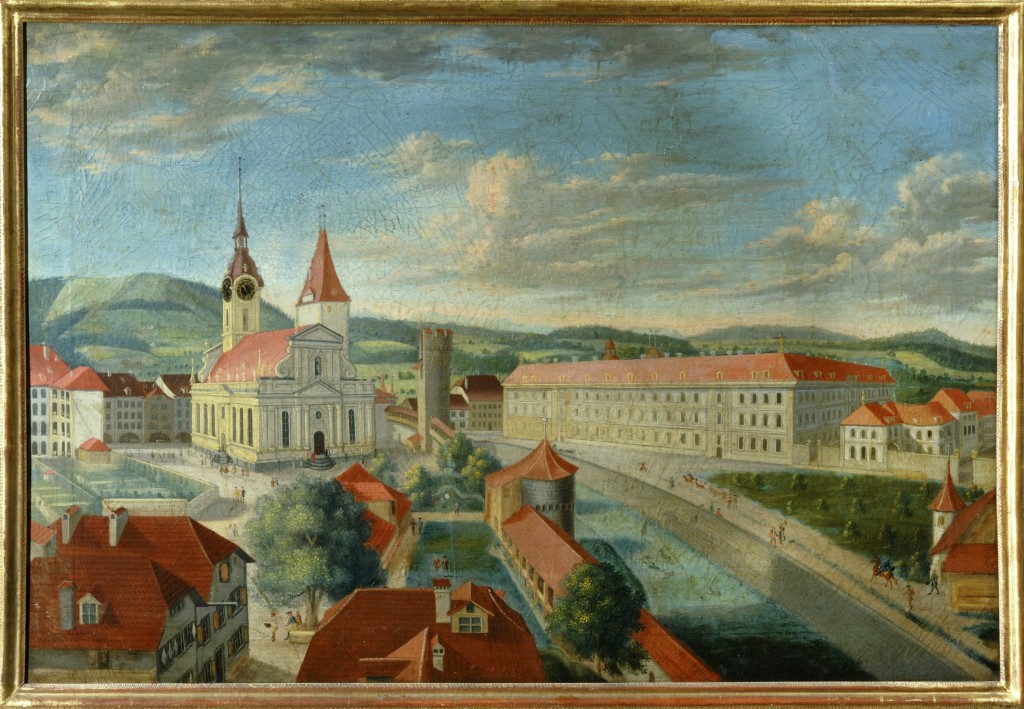 Blick von Norden auf die Stadt Bern. Der Dittlinger Turm in der Bildmitte rechts neben der Heiliggeistkirche war seit dem 16. Jahrhundert ein Gefängnis. Seine Grundrisse sind beim Neubau des Bahnhofplatzes 2007 neu ausgegraben worden. (Gemälde von Joh. Grimm um 1740)